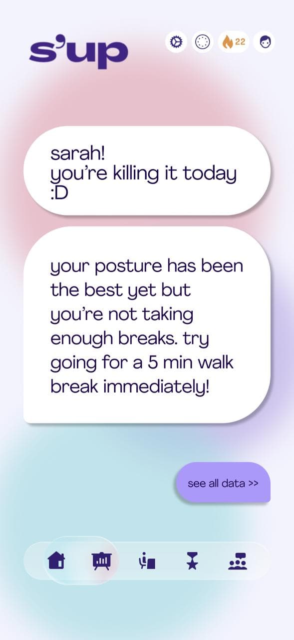 s'up app home screen with a personalized coaching message